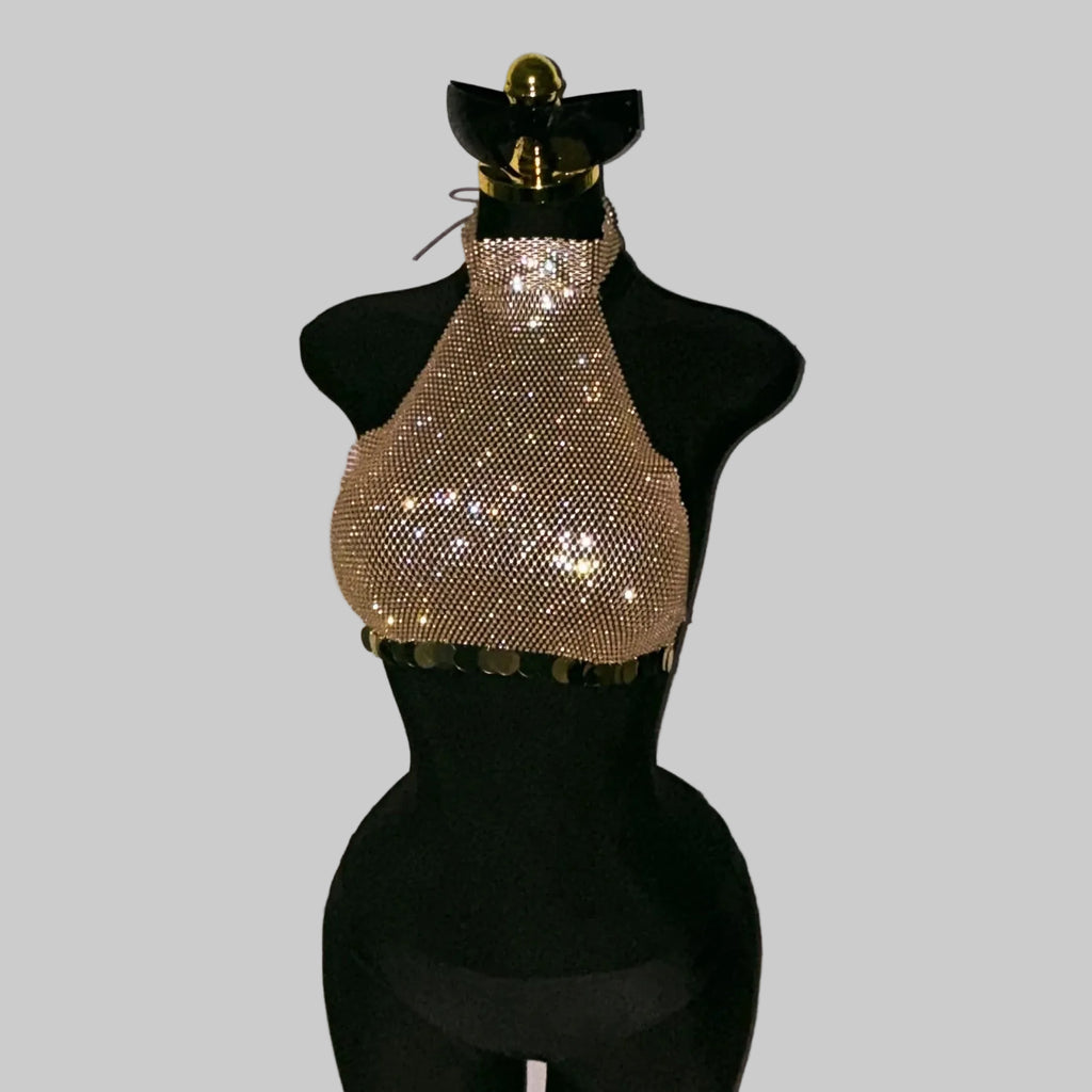 Rhinestone Sequin Tassel Fishnet Crop Top