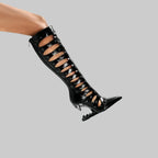 Hollow-Out Knee-High Boots - Patchwork Design with Metal Toe Cap