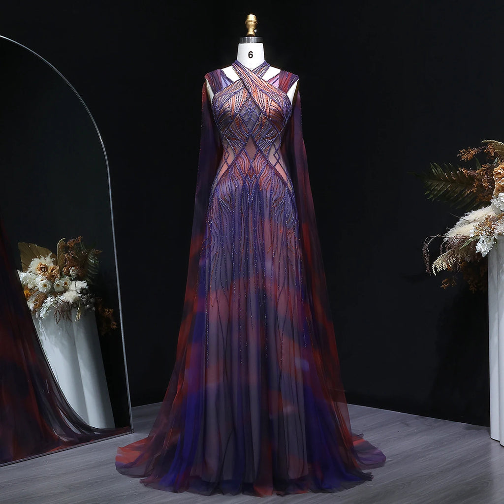 Purple Ombre Beaded Halter Pageant Gown | Criss-Cross Back | Sweep Train