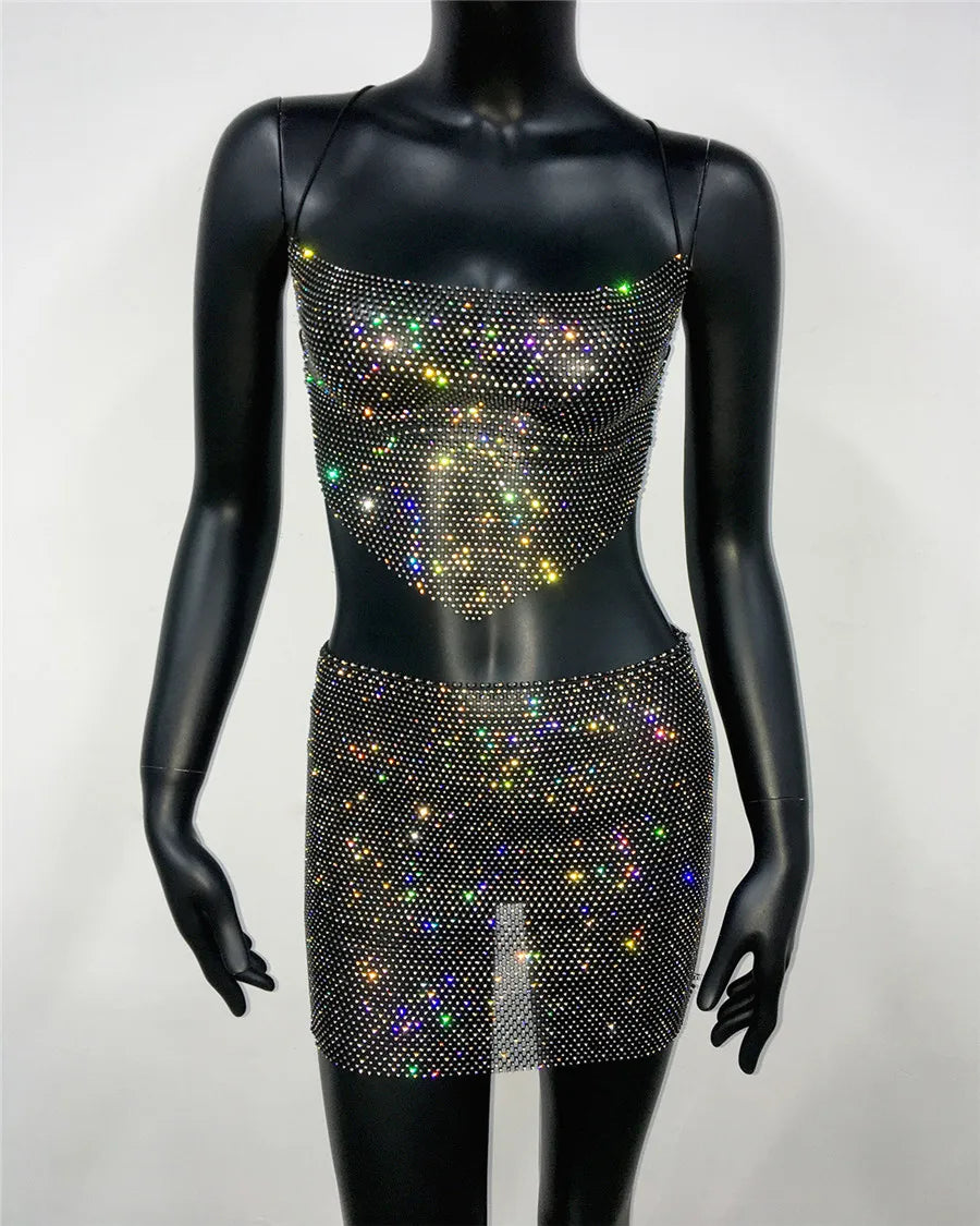 Rhinestone Crop Top & Mini Skirt Set - Sparkly 2-Piece Rave Outfit