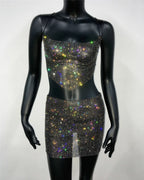 Rhinestone Crop Top & Mini Skirt Set - Sparkly 2-Piece Rave Outfit
