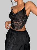 Multi-Layer Tassel Halter Crop Top - Rhinestone Mesh Backless Tank for Stage & Festival