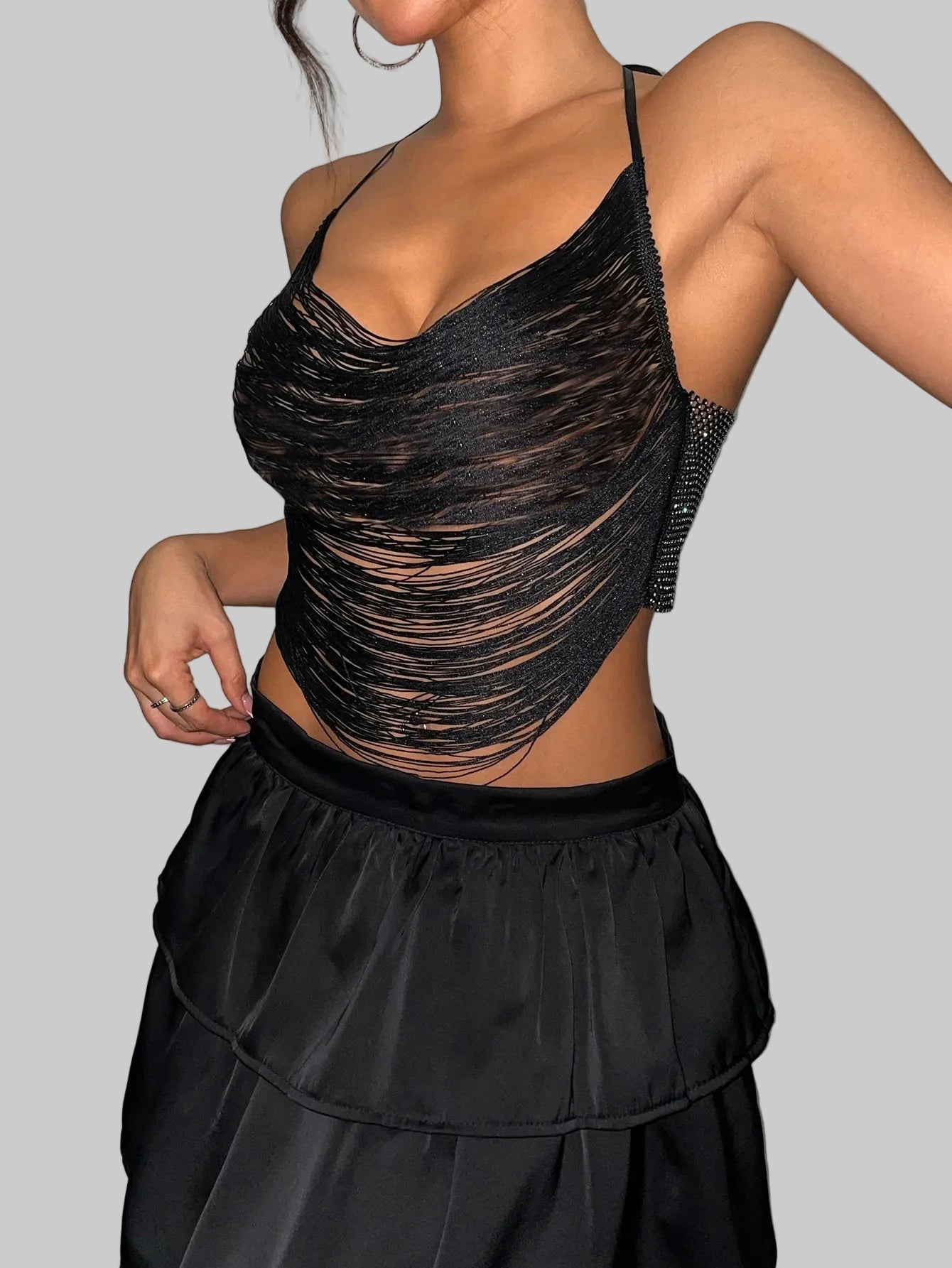 Multi-Layer Tassel Halter Crop Top - Rhinestone Mesh Backless Tank for Stage & Festival