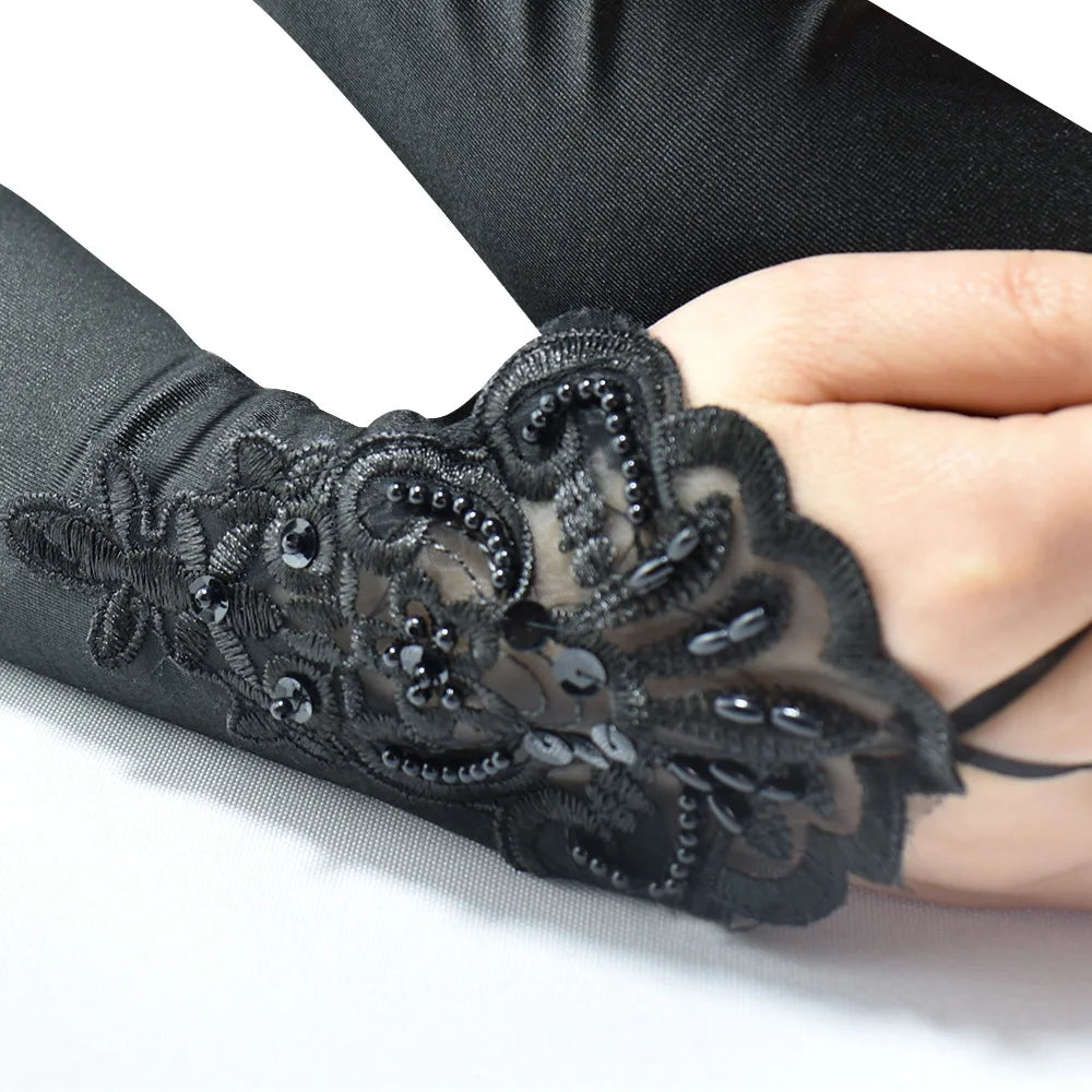 Satin Fingerless Gloves | Embroidered Lace