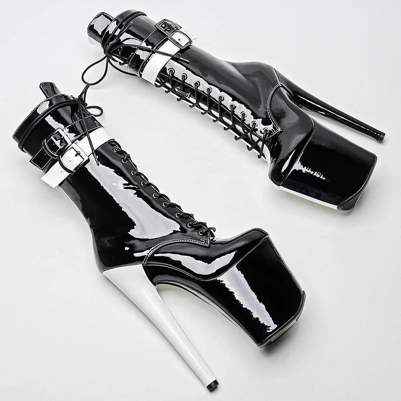 20CM Shiny Patent Platform Pole Dance Ankle Boots - 8 Inch High Heel Performance Boots