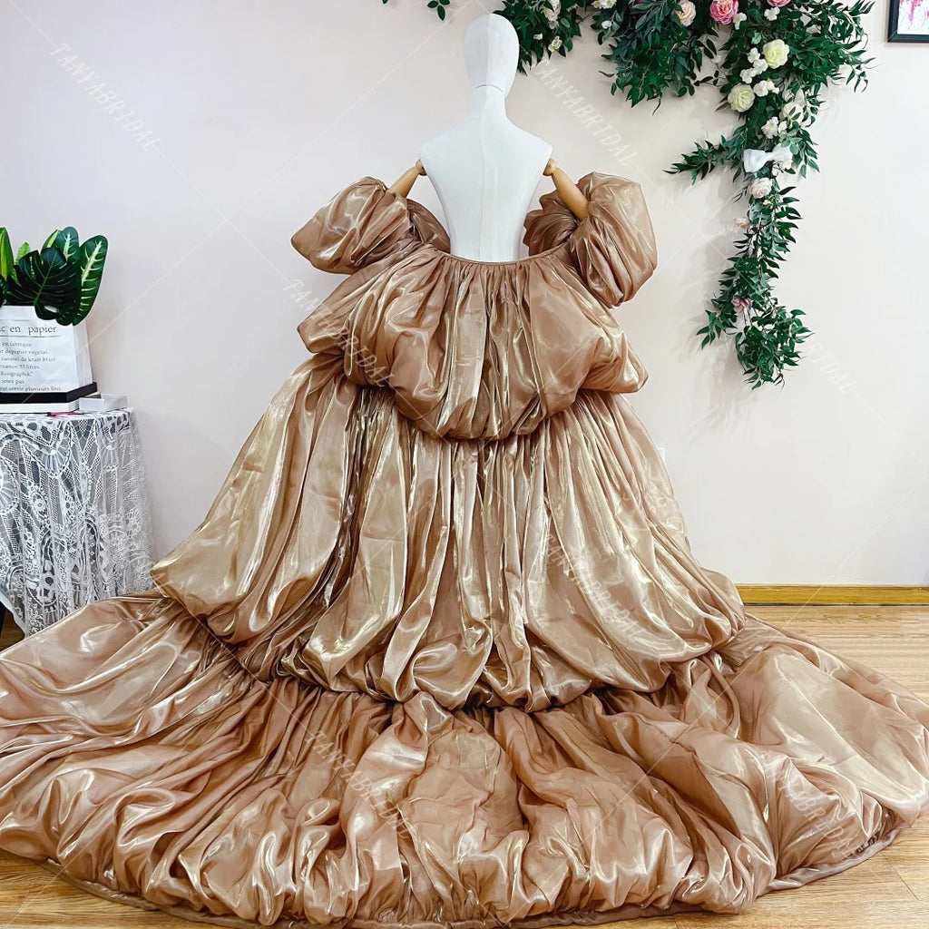 Shiny Organza Cape | Puffy Sleeves & Tiered Train | Pageant & Prom