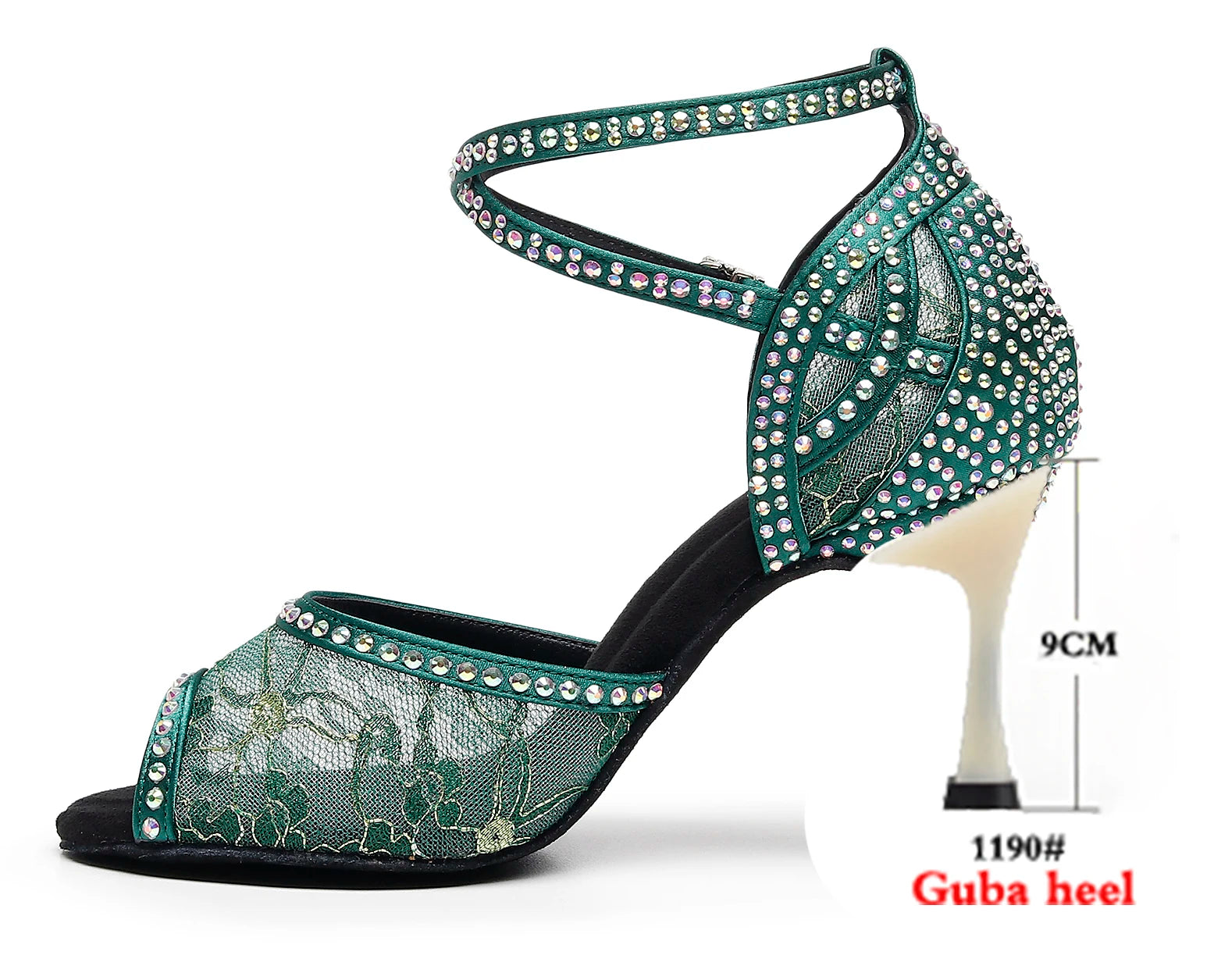 Rhinestone Lace Mesh Latin Dance Heels | Red & Green | 6–10cm