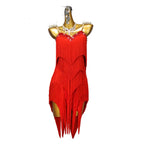 Red Latin Dance Dress – Rhinestone Crystal Tassel Performance Gown