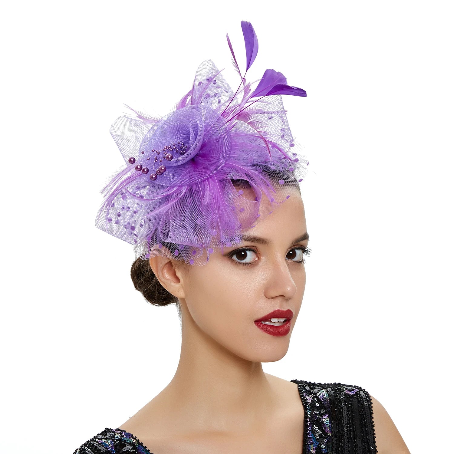 Feather Flower Fascinator Hat | Floral Mesh Headband | 36 Colors