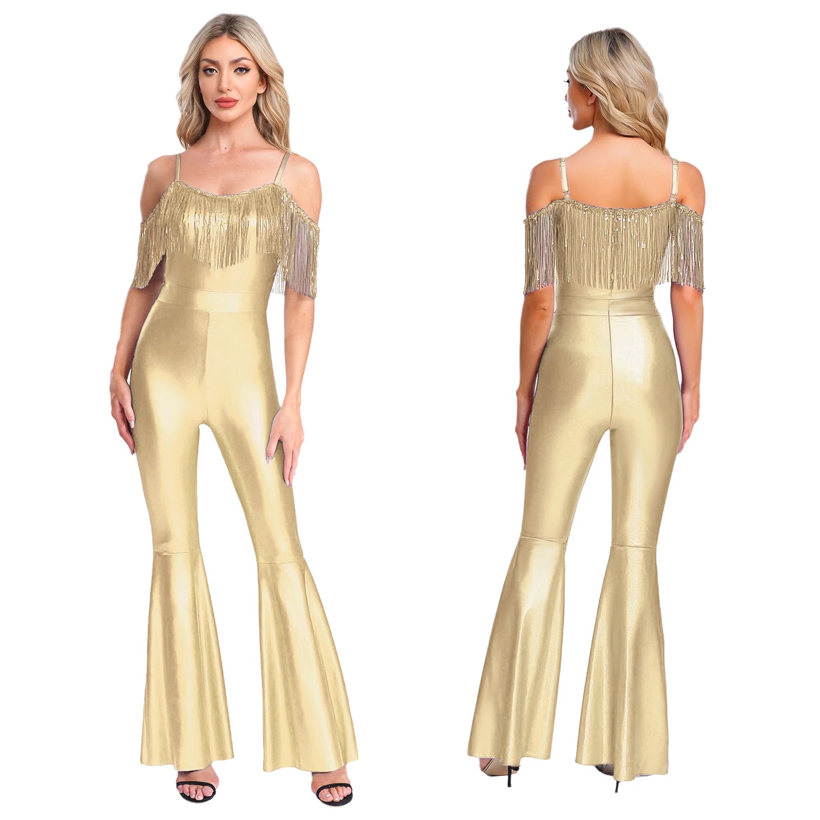 Metallic Sequin Tassel Bell Bottom Jumpsuit - Shiny Jazz Dance Bodysuit for Stage & Disco