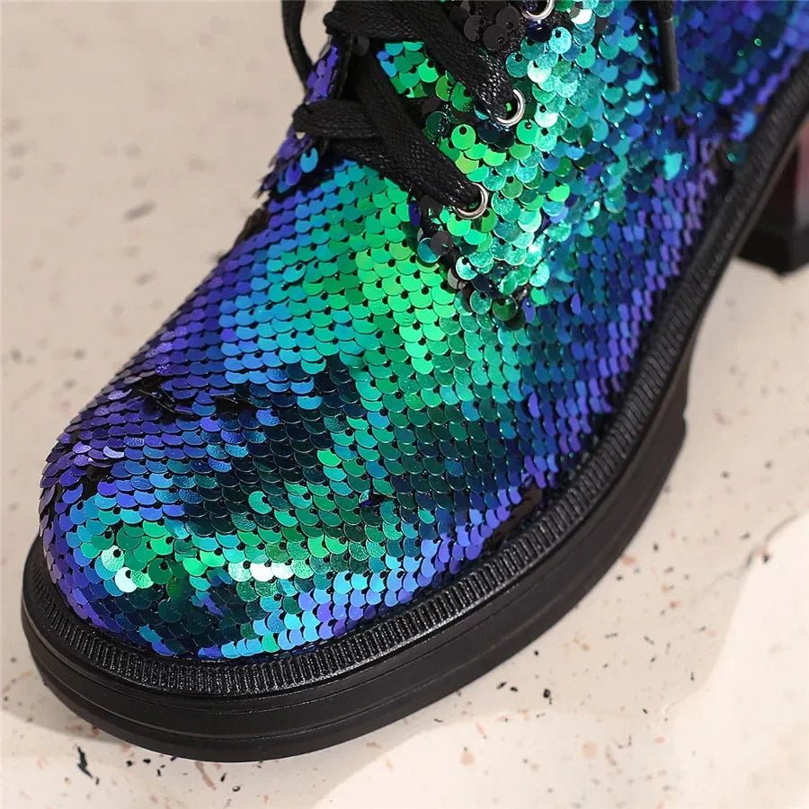 Sequin Ankle Boots | Lace-Up | 5.5cm Heel