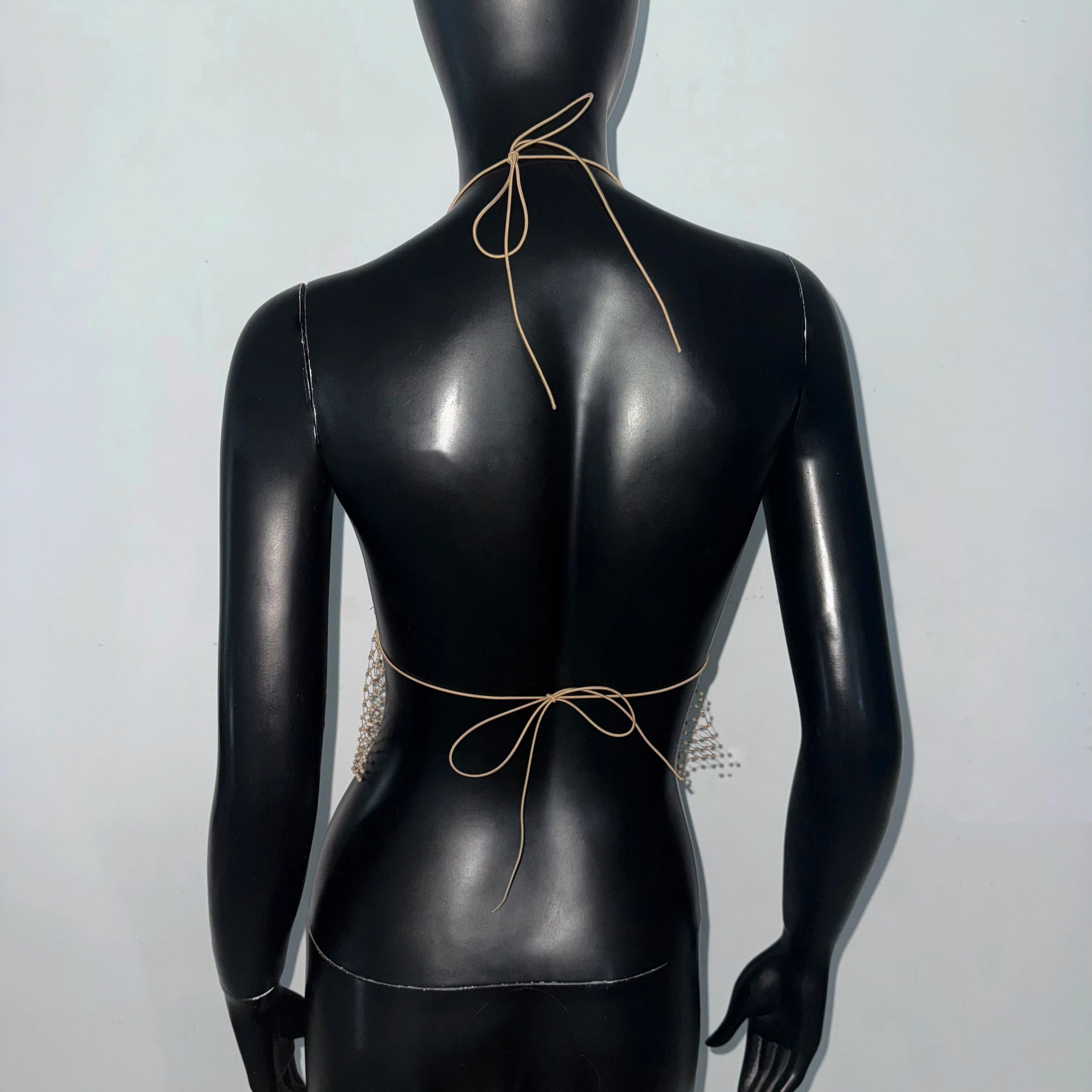 Rhinestone Mesh Tassel Halter Crop Top - Deep V Fishnet Camisole