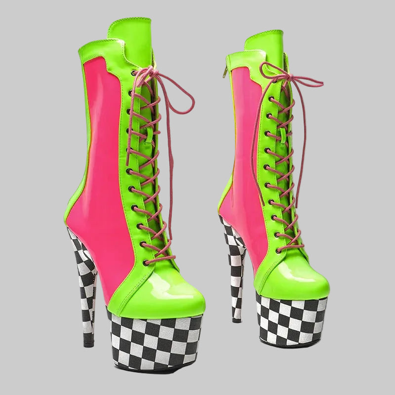 7-Inch Color Block Ankle Boots - Patent Platform Pole Dance Heels