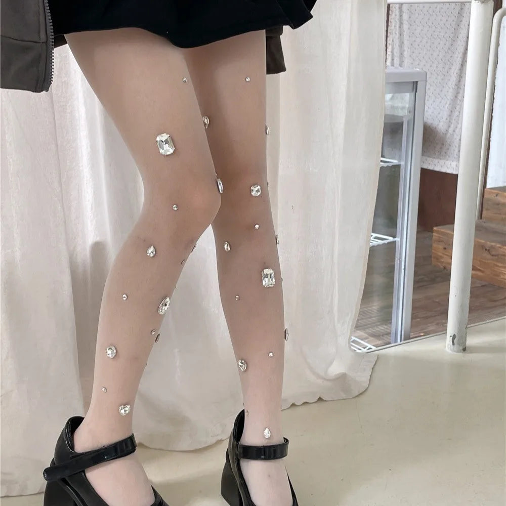 Rhinestone Sheer Pantyhose | See-Through Tights | One Size
