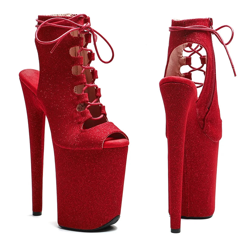 Glitter Platform Open-Toe Ankle Boots - 9 Inch Pole Dance Heels