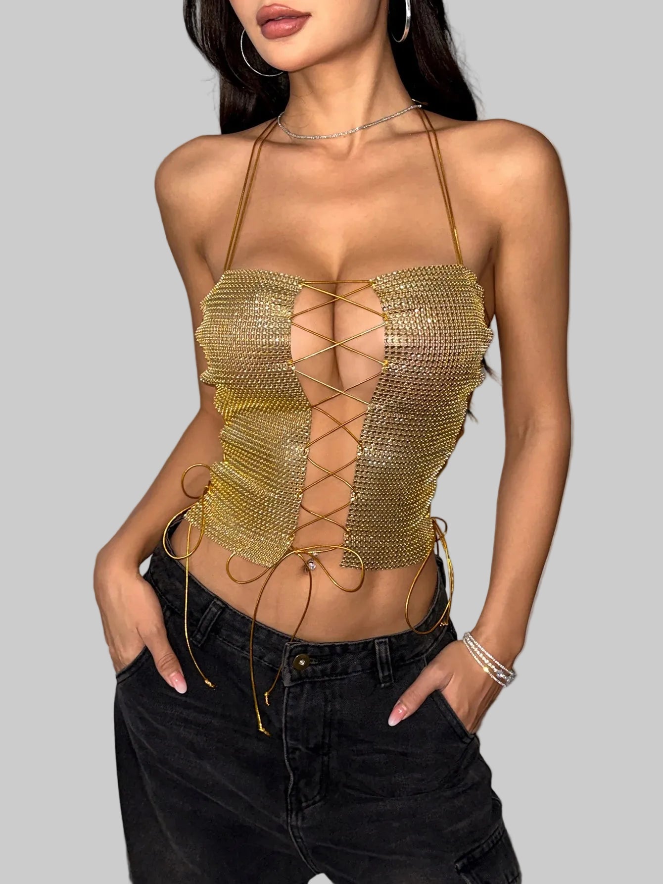 Sequin Halter Crop Top - Backless Metal Bandage Camisole