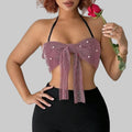 Rhinestone Sequin Bandage Halter Crop Top - Backless Party Tank