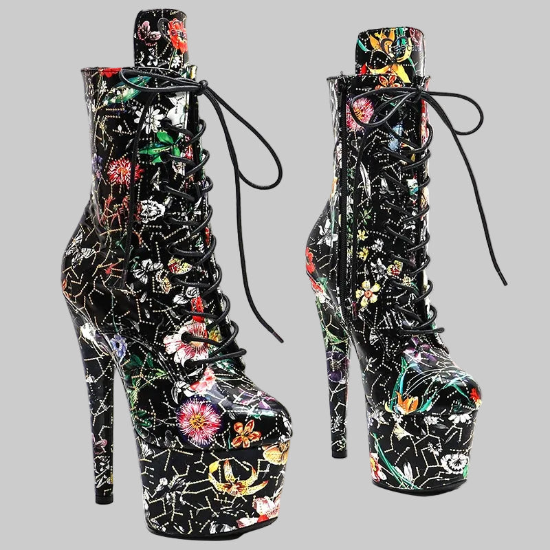 Floral 7-Inch Platform Pole Dance Ankle Boots
