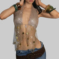 Rhinestone Mesh Tassel Crop Top - Sheer Backless Fishnet Tank