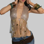 Rhinestone Mesh Tassel Crop Top - Sheer Backless Fishnet Tank