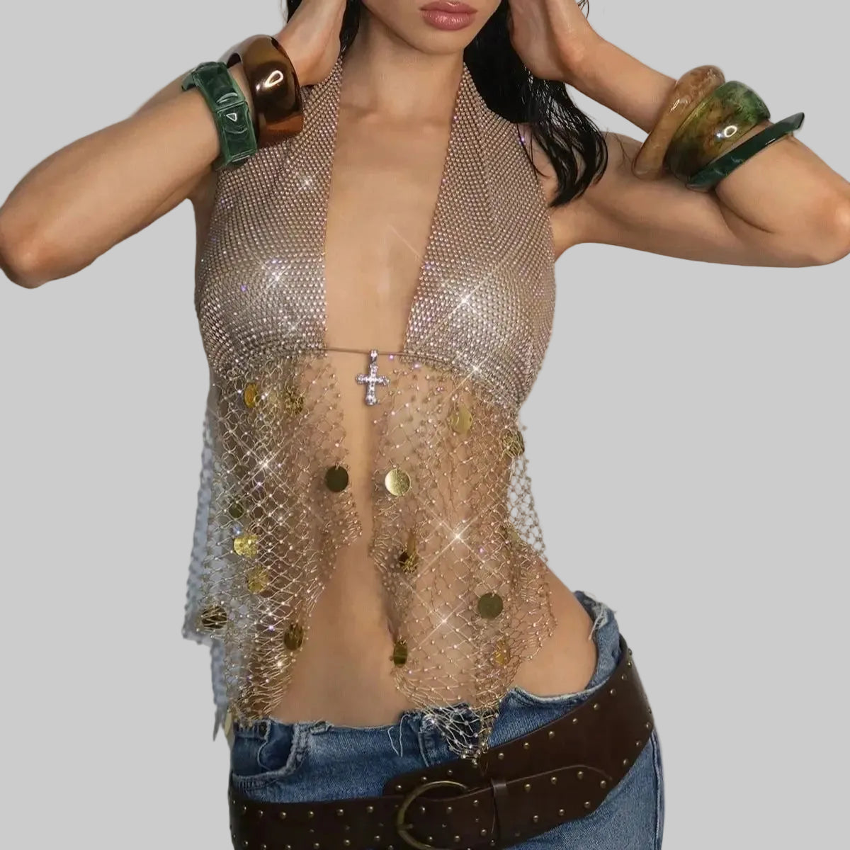 Rhinestone Mesh Tassel Crop Top - Sheer Backless Fishnet Tank