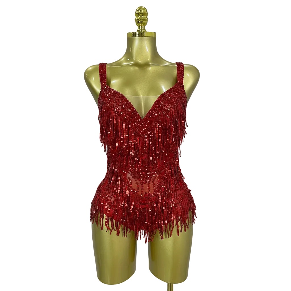 Rhinestone Sequin Tassel Bodysuit | Red & Silver | S–XL