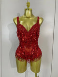 Luxury Rhinestone Sequin Tassel Bodysuit | Silver & Red | S–XL