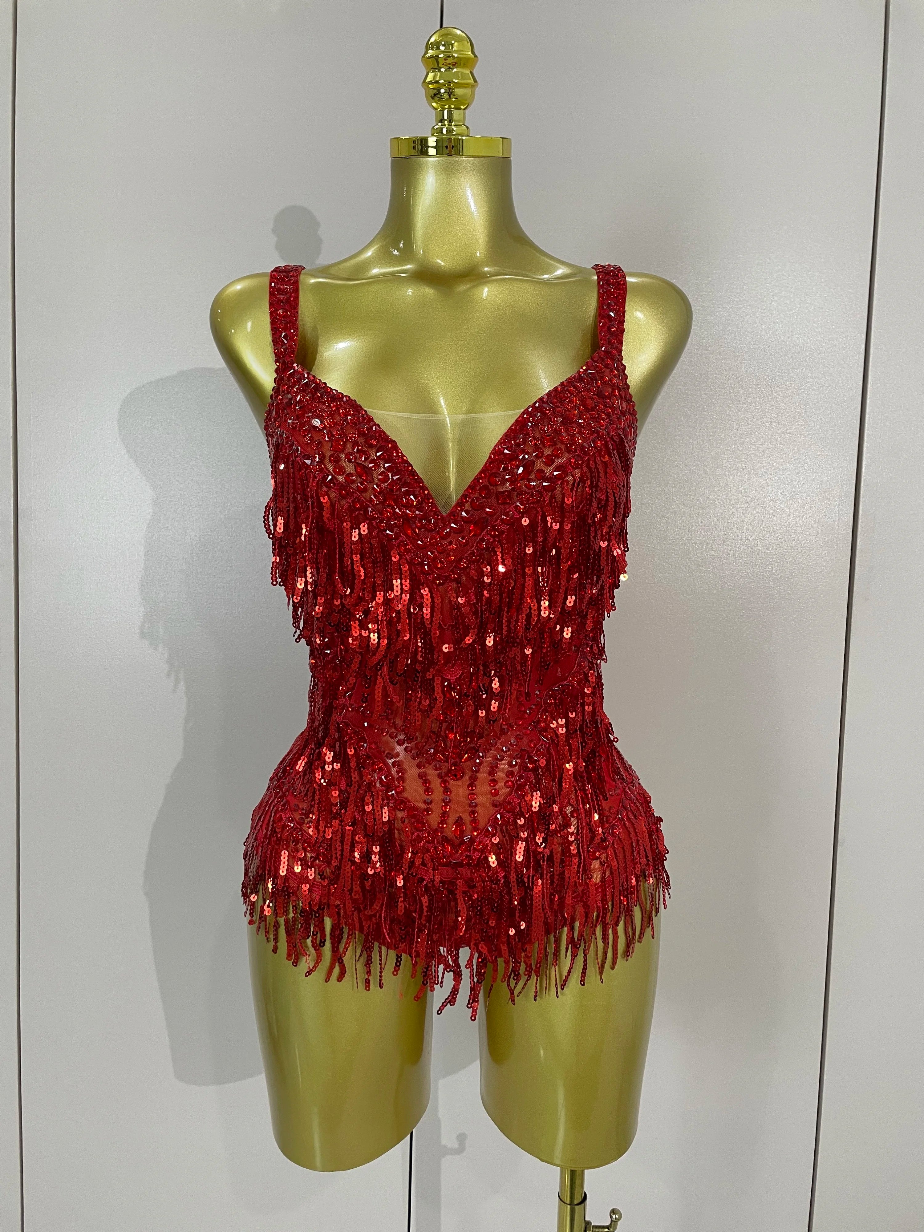 Luxury Rhinestone Sequin Tassel Bodysuit | Silver & Red | S–XL