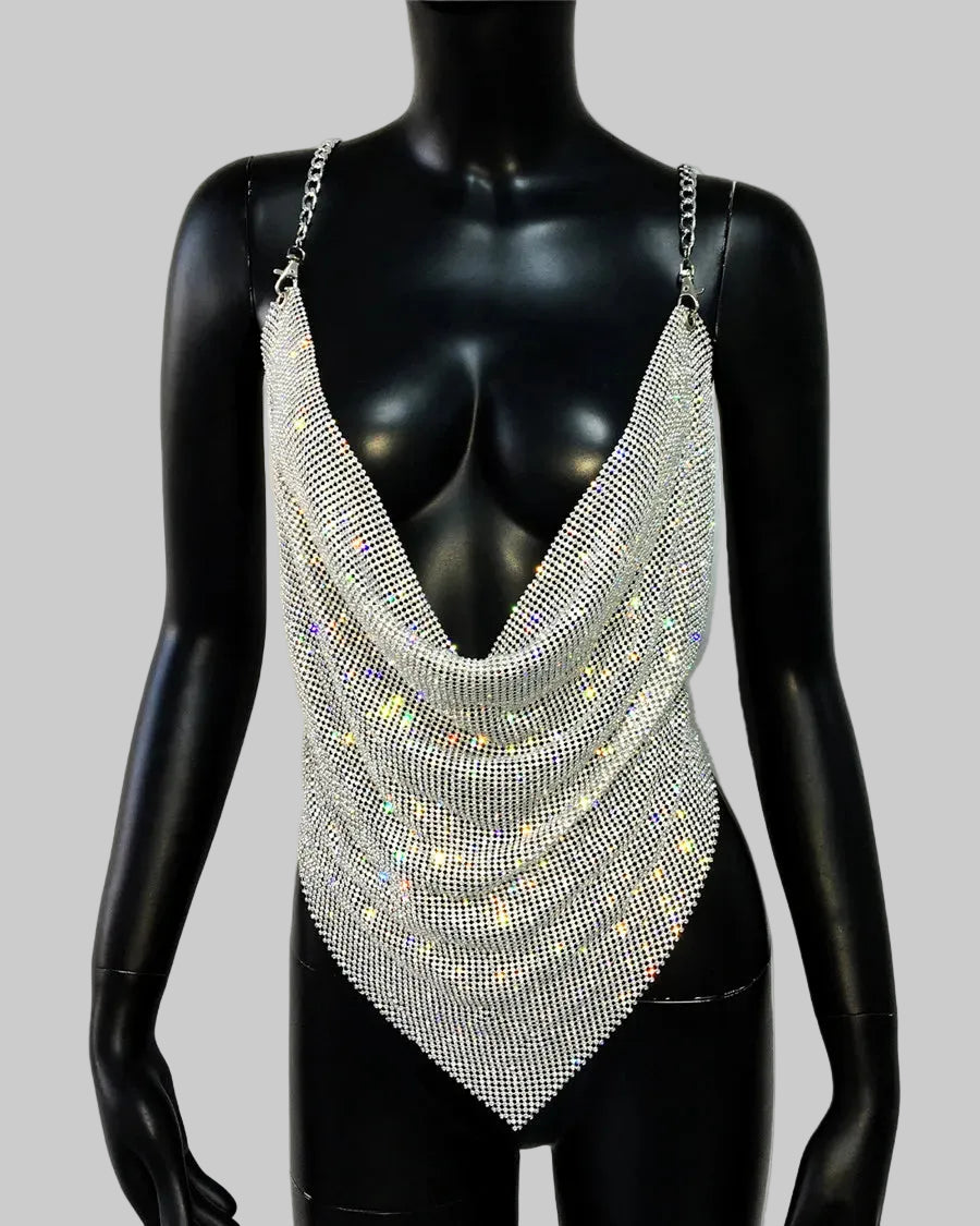 Sequin Diamond V-Neck Camisole - Backless Sling Top