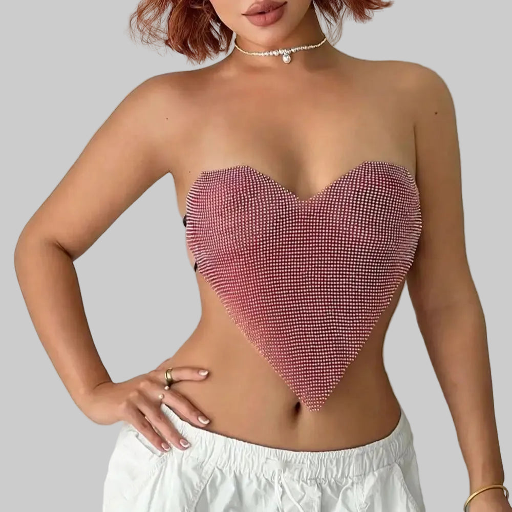 Heart Rhinestone Bandage Crop Top - Tie-Back Sequin Tank