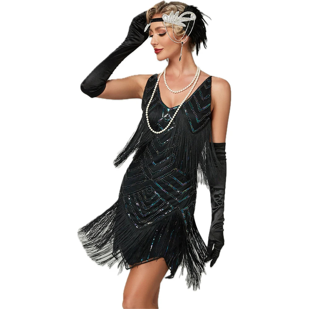 1920s Gatsby Sequin Tassel Fringe Dress | V-Neck | Plus Size