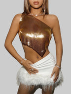 Metallic Sequin Off-Shoulder Crop Top - Backless Diagonal Collar Tank