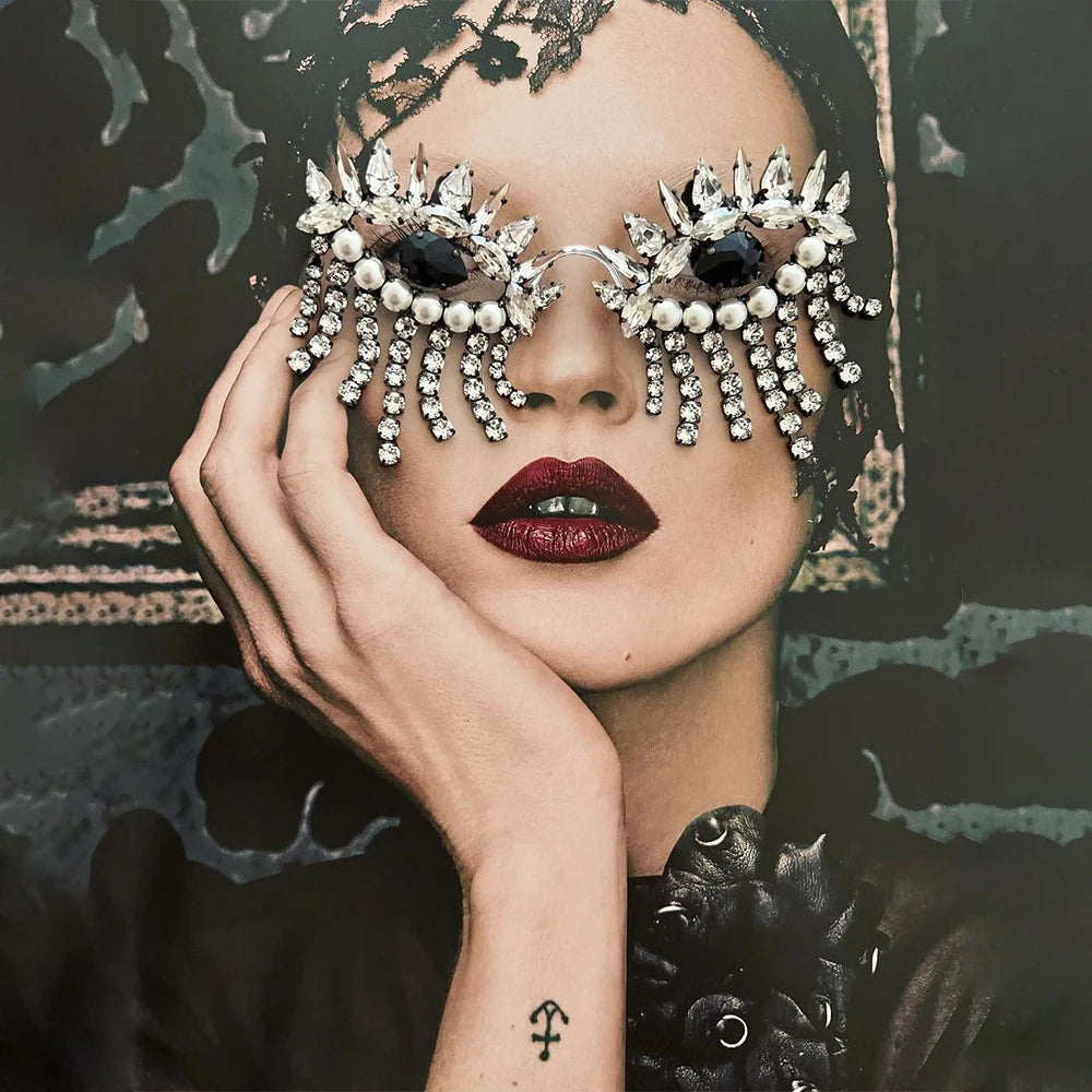 Evil Eye Crystal Exaggerated Eyeglass & Tassel Face Jewelry
