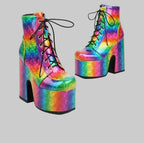 Rainbow Platform Boots - Colorful Gradient Lace-Up Ankle Boots