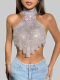 Rhinestone Off-Shoulder Halter Camisole - Backless Crop Top