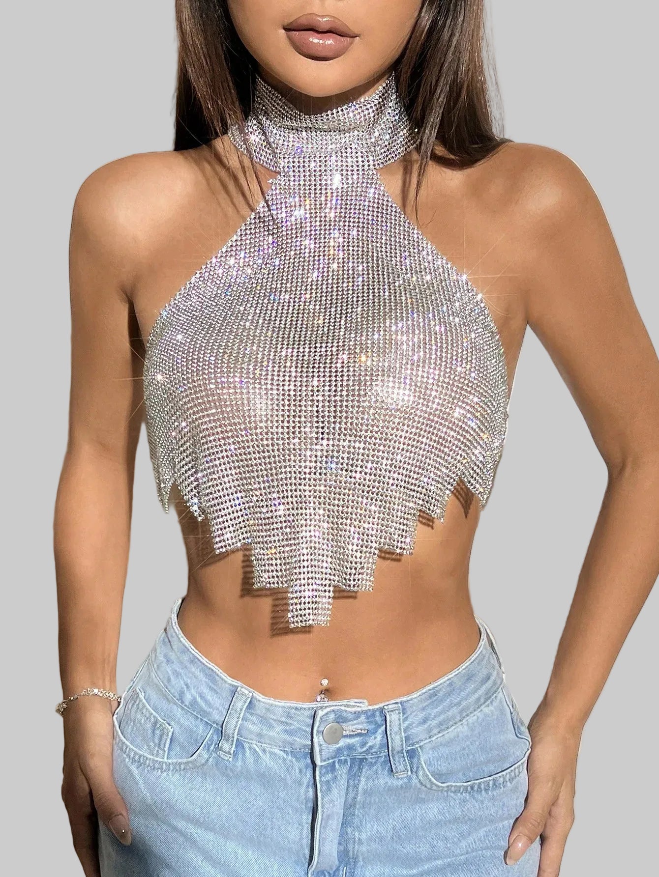 Rhinestone Off-Shoulder Halter Camisole - Backless Crop Top