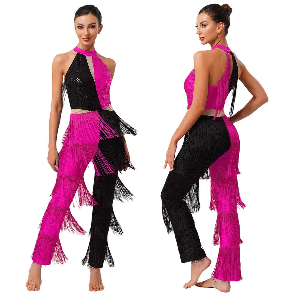 Latin Dance Jumpsuit | Sequin Contrast Fringe