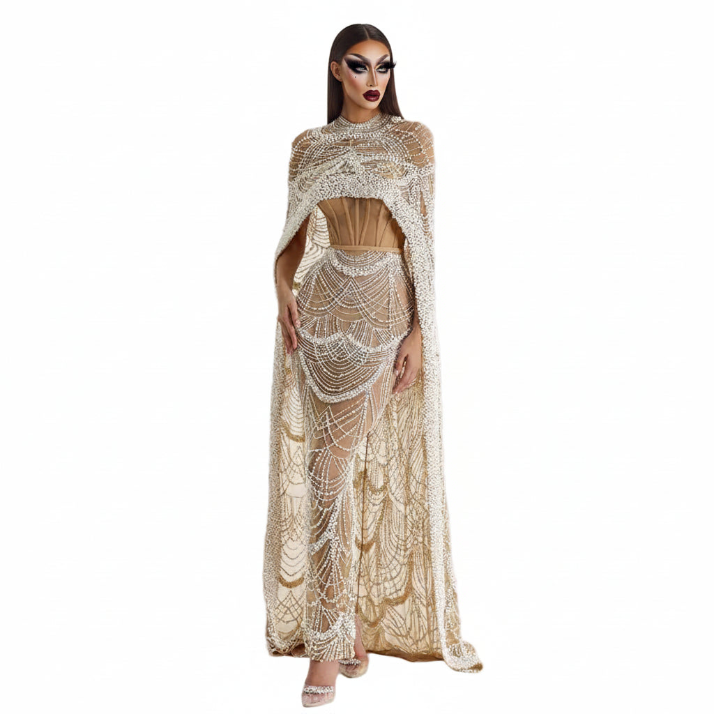 Pearl & Crystal Mermaid Gown | Cape Jacket | Strapless