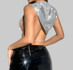 Hooded Sequin Crop Top with Deep V-Neck