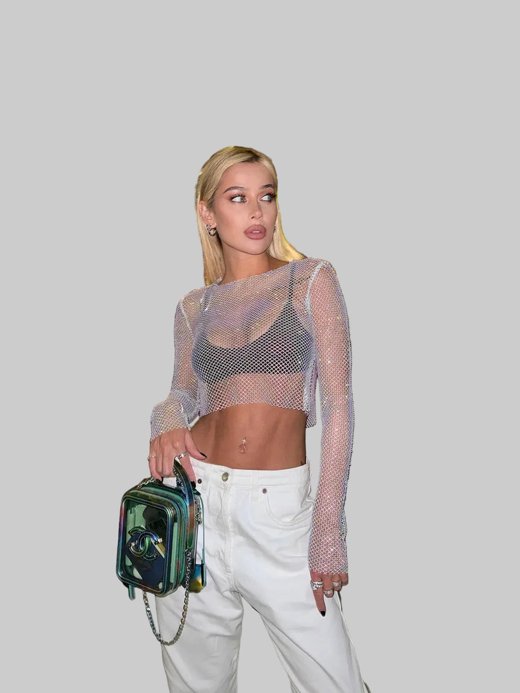 Rhinestone Long Sleeve Crop Top - Sheer Mesh Festival Top with Hollow Details