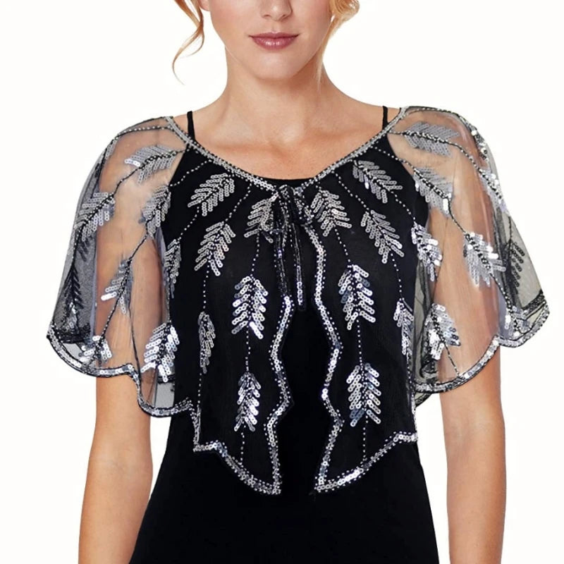 1920s Sequin Leaf Cape | Sheer Mesh Bolero | Flapper Shawl