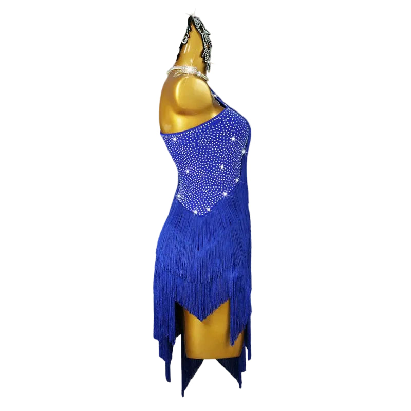 Blue Rhinestone Fringe Latin Dance Dress with Accessories Set — Samba & Stage