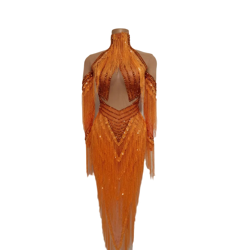 Orange Rhinestone Chain Tassel Sleeve Mesh Gown | Stage