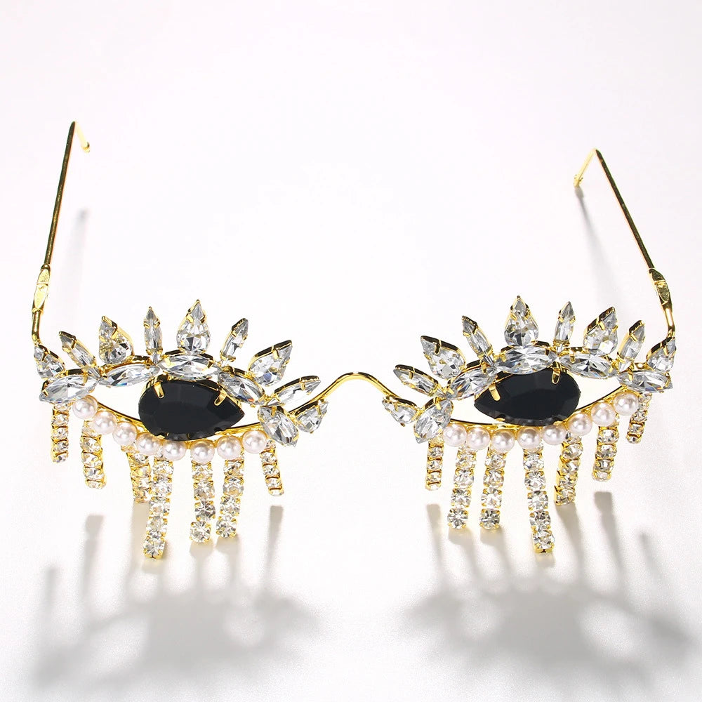 Evil Eye Crystal Exaggerated Eyeglass & Tassel Face Jewelry