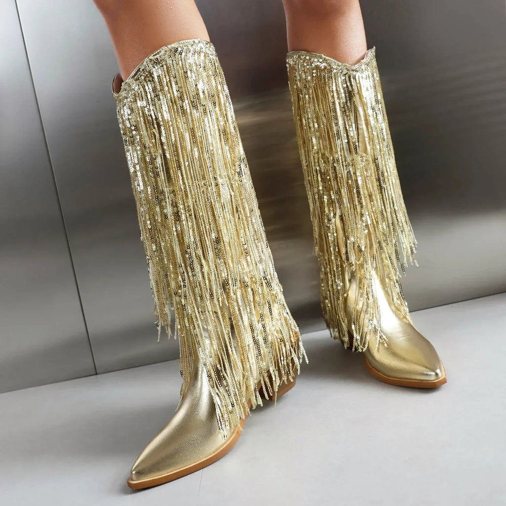 Knee-High Western Boots | Metallic Fringe