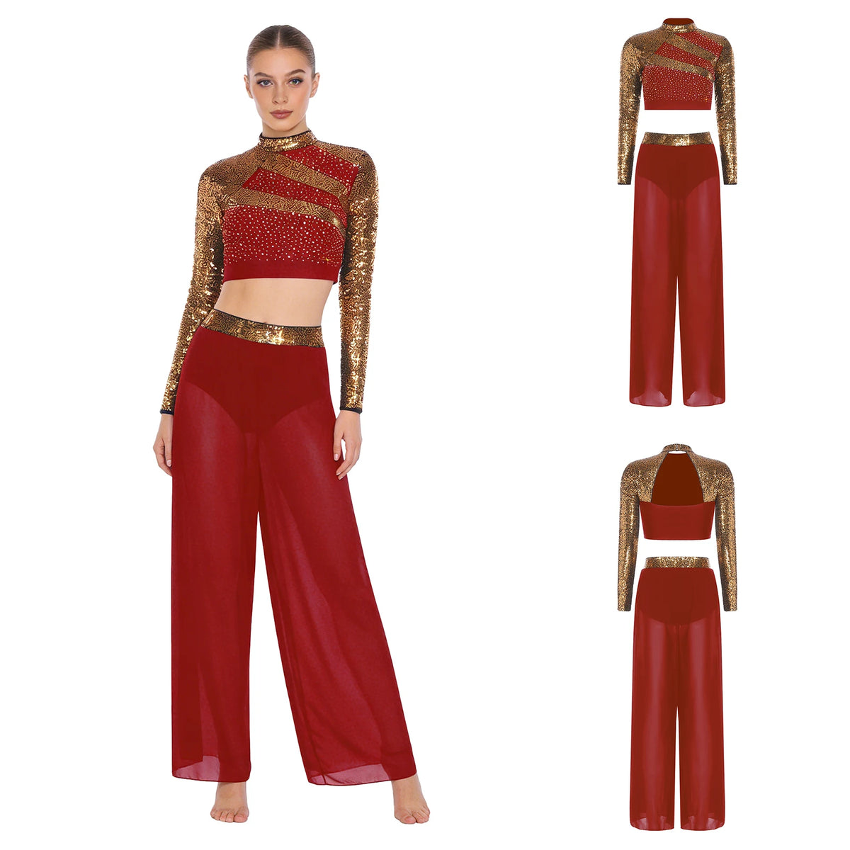 Rhinestone Crop Top & Sheer Pants Set | Lyrical Dance | Built-In Brief