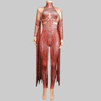 Red Fringe Rhinestone Jumpsuit - Long Sleeve Stretch Leotard for Pole Dance & Stage
