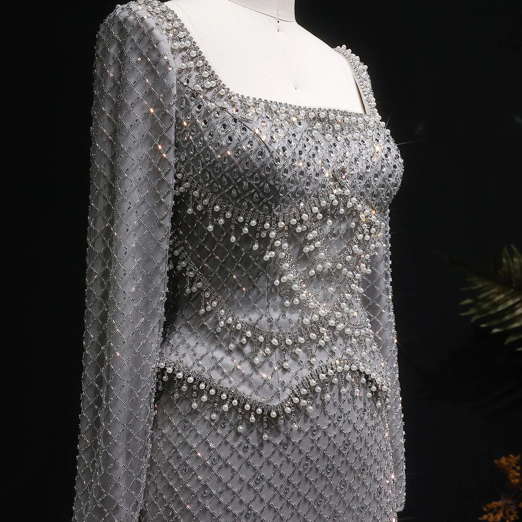 Crystal Beaded Mermaid Gown | Long Sleeve | Square Neck