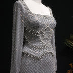 Crystal Beaded Mermaid Gown | Long Sleeve | Square Neck