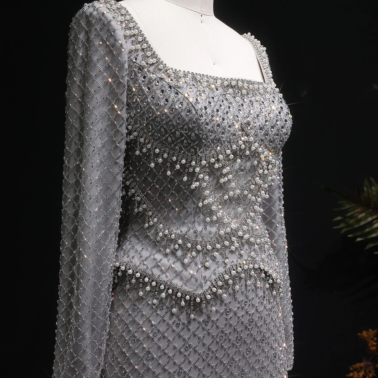Crystal Beaded Mermaid Gown | Long Sleeve | Square Neck